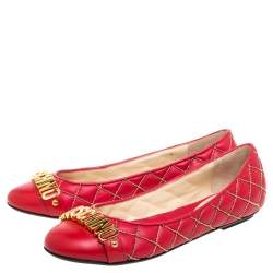 Pre Owned Boutique Moschino Red Quilted Chain Leather Logo Ballet Flats Size 38
