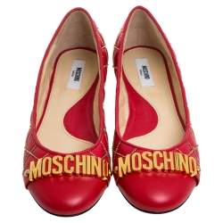 Pre Owned Boutique Moschino Red Quilted Chain Leather Logo Ballet Flats Size 38