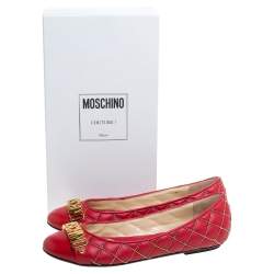 Pre Owned Boutique Moschino Red Quilted Chain Leather Logo Ballet Flats Size 38