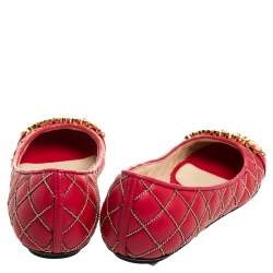 Pre Owned Boutique Moschino Red Quilted Chain Leather Logo Ballet Flats Size 38