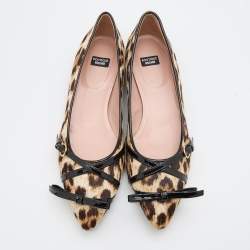 Pre Owned Boutique Moschino Brown/Black Leopard Print Calf Hair and Patent Leather Bow Ballet Flats Size 40