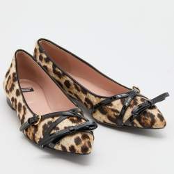 Pre Owned Boutique Moschino Brown/Black Leopard Print Calf Hair and Patent Leather Bow Ballet Flats Size 40