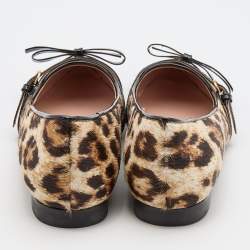 Pre Owned Boutique Moschino Brown/Black Leopard Print Calf Hair and Patent Leather Bow Ballet Flats Size 40