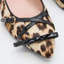 Pre Owned Boutique Moschino Brown/Black Leopard Print Calf Hair and Patent Leather Bow Ballet Flats Size 40