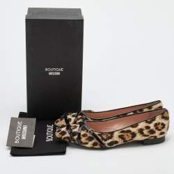 Pre Owned Boutique Moschino Brown/Black Leopard Print Calf Hair and Patent Leather Bow Ballet Flats Size 40