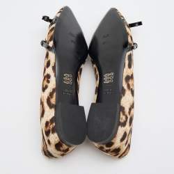 Pre Owned Boutique Moschino Brown/Black Leopard Print Calf Hair and Patent Leather Bow Ballet Flats Size 40