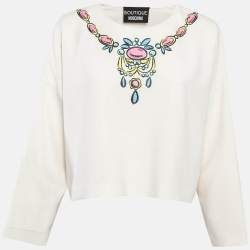 Pre Owned Boutique Moschino White Necklace Print Crepe Top M