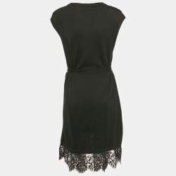 Boutique Moschino Black Wool Blend Lace Trim Detail Belted Midi Dress M