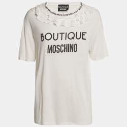 Pre Owned Boutique Moschino White Logo Print Jersey Crystal Embellished and Ruffled T-Shirt M