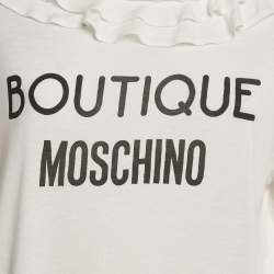 Pre Owned Boutique Moschino White Logo Print Jersey Crystal Embellished and Ruffled T-Shirt M