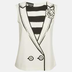 Boutique Moschino White Collar Print Crepe Sleeveless Top S