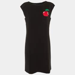 Boutique Moschino Black Crepe Apple Embroidered Shift Dress M
