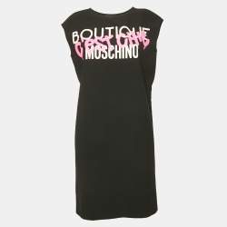 Pre Owned Boutique Moschino Black Printed Crepe Shift Dress S