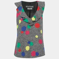 Pre Owned Boutique Moschino Black Dots Print Crepe Ruffled Top L