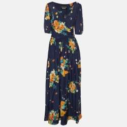 Pre Owned Boutique Moschino Blue Multicolor Floral Print Satin Wrap Maxi Dress M
