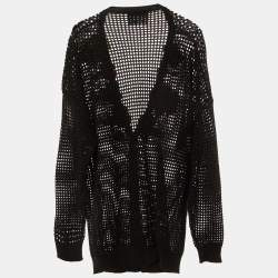 Pre Owned Boutique Moschino Black Wool Open Knit Floral Applique Cardigan L
