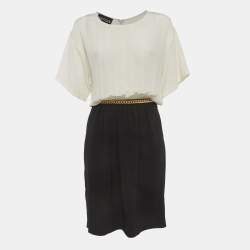 Pre Owned Boutique Moschino Cream/Black Crepe Chain Detail Midi Dress M