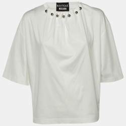 Pre Owned Boutique Moschino White Cotton Knit Pleated Neck T-Shirt M