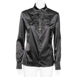 Pre Owned Moschino Couture Black Satin Ruffled Neck Shirt L