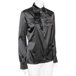 Pre Owned Moschino Couture Black Satin Ruffled Neck Shirt L
