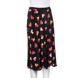 Pre Owned Boutique Moschino Black Heart Print Silk Skirt S