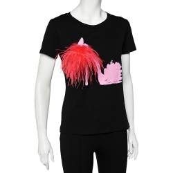 Pre Owned Boutique Moschino Black Stiletto Printed Cotton Feather Pin Detail T-Shirt M