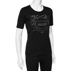Pre Owned Boutique Moschino Black Cutwork Logo Detail Cotton Crewneck T-Shirt S
