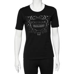 Pre Owned Boutique Moschino Black Cutwork Logo Detail Cotton Crewneck T-Shirt S