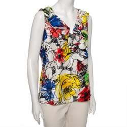 Pre Owned Boutique Moschino Multicolor Floral Printed Ruffled Front Sleeveless Top L