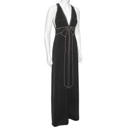 Pre Owned Boutique Moschino Black Crepe Plunging Neck Bow Embellished Detail Gown S