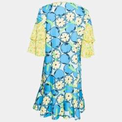 Pre Owned Boutique Moschino Blue and Yellow Floral Printed Cotton Ruffle Bell Sleeves Dress M