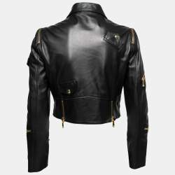 Pre Owned Boutique Moschino Black Leather Zip Embellished Cropped Jacket M