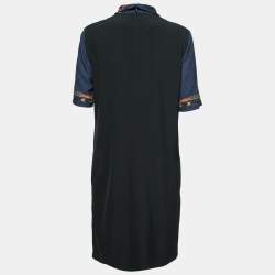 Pre Owned Boutique Moschino Blue and Black Crepe Printed Neck Tie Dress M