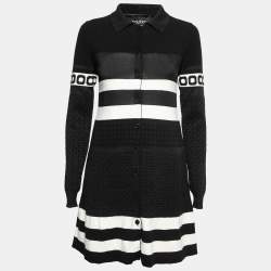 Pre Owned Boutique Moschino Black Patterned Lurex Knit Button Front Dress M