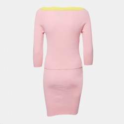 Pre Owned Boutique Moschino Pink Ribbed Knit Cardigan & Skirt Set M