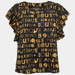 Pre Owned Boutique Moschino Black/Gold Printed Cotton Ruffled Top M