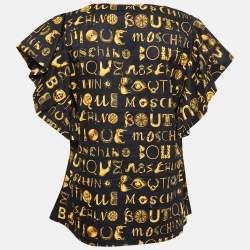 Pre Owned Boutique Moschino Black/Gold Printed Cotton Ruffled Top M