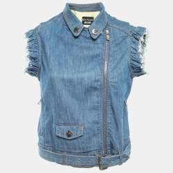 Pre Owned Boutique Moschino Blue Denim Zip Front Belted Top M