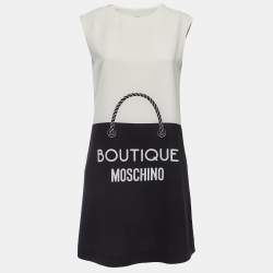 Pre Owned Boutique Moschino Cream/Black Logo Print Crepe Sleeveless Mini Dress S