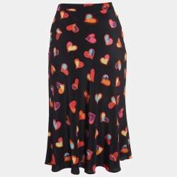Pre Owned Boutique Moschino Black Heart Print Silk Flared Midi Skirt S
