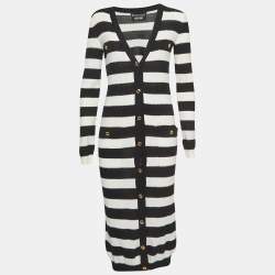 Pre Owned Boutique Moschino Black/White Striped Knit Buttoned Midi Dress S