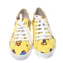 Pre Owned Boutique Moschino Yellow Patent Leather Heart Low Top Lace Up Sneakers Size 38