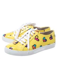 Pre Owned Boutique Moschino Yellow Patent Leather Heart Low Top Lace Up Sneakers Size 38