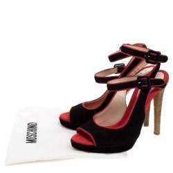 Pre Owned Boutique Moschino Black/Red Suede And Grosgrain Trim Platform Ankle Strap Sandals Size 37