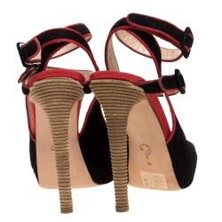 Pre Owned Boutique Moschino Black/Red Suede And Grosgrain Trim Platform Ankle Strap Sandals Size 37