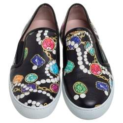 Boutique Moschino Black Crystal Printed Leather Slip-on Sneakers Size 37 
