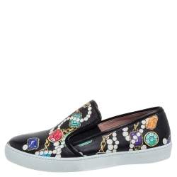 Boutique Moschino Black Crystal Printed Leather Slip-on Sneakers Size 37 