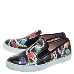 Boutique Moschino Black Crystal Printed Leather Slip-on Sneakers Size 37 