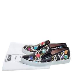 Boutique Moschino Black Crystal Printed Leather Slip-on Sneakers Size 37 
