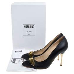 Pre Owned Moschino Black Leather Logo Letter Pointed Toe Pumps Size 41